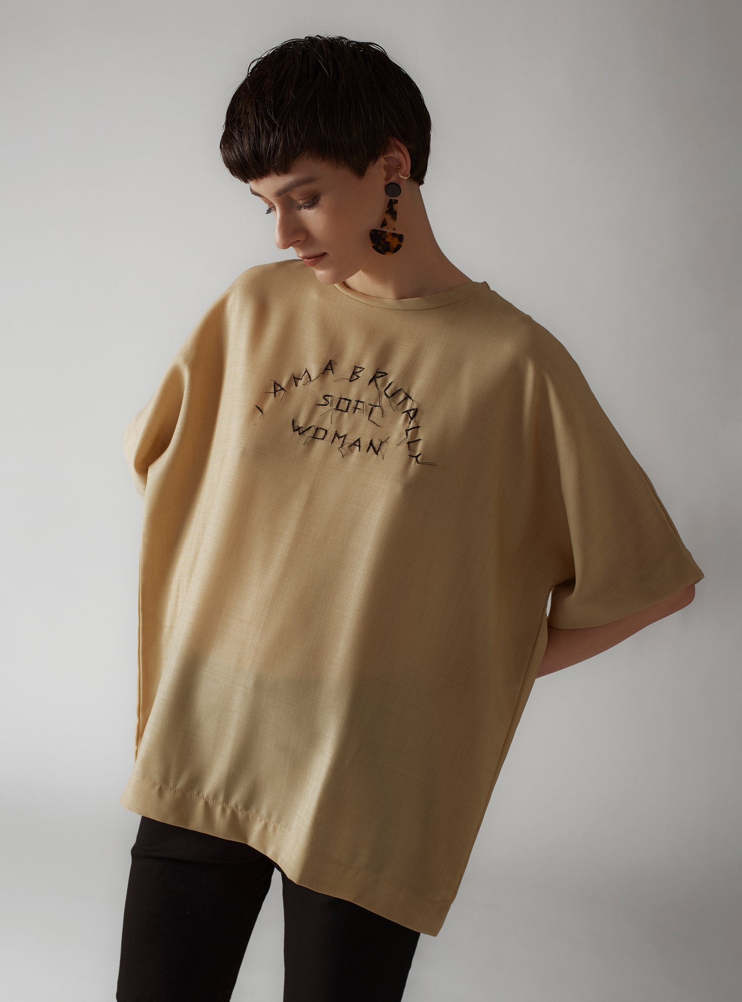 HANDMADE EMBROIDERED OVERSIZE T-SHIRT - Natural